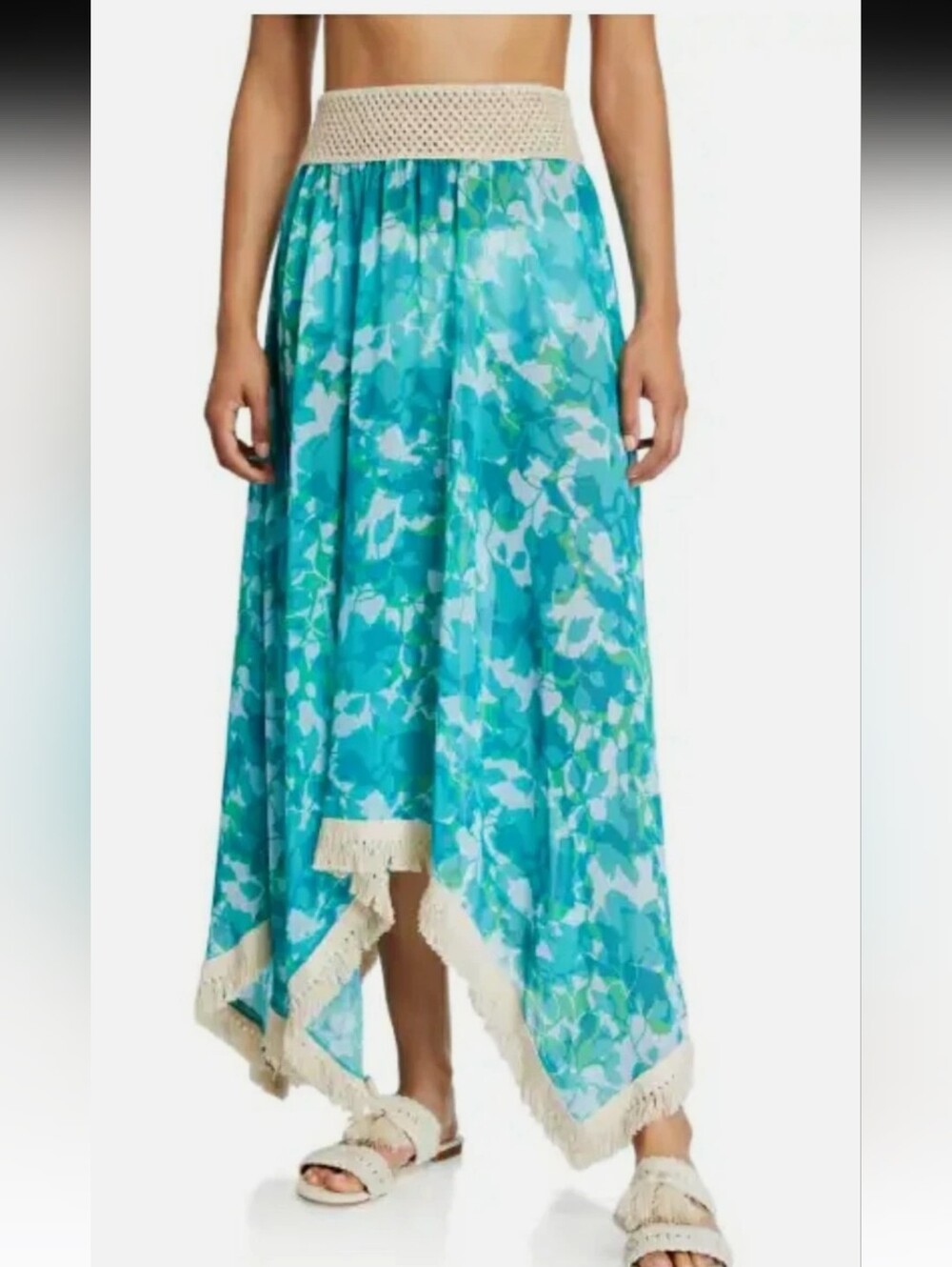 Ramy Brook Aqua Floral High-Low Maxi Skirt with Crochet Waist